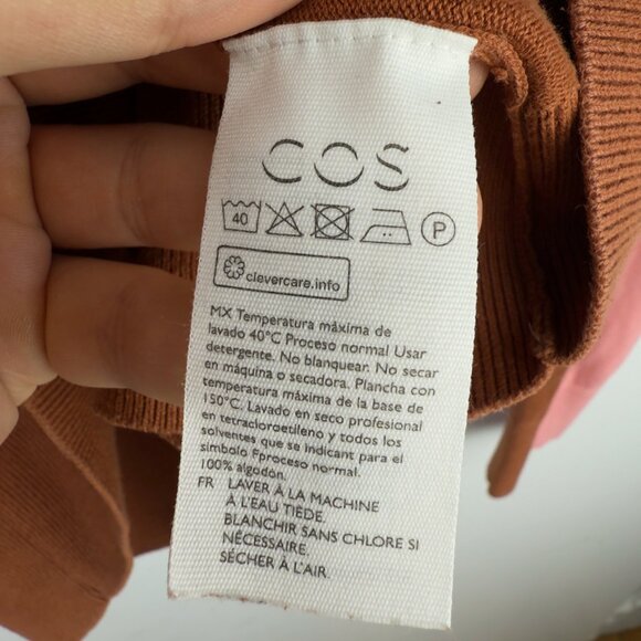 COS Colorblock Cotton Fine-Knit Pink & Chestnut Brown Crewneck Sweater Top Sz S - Picture 7 of 9